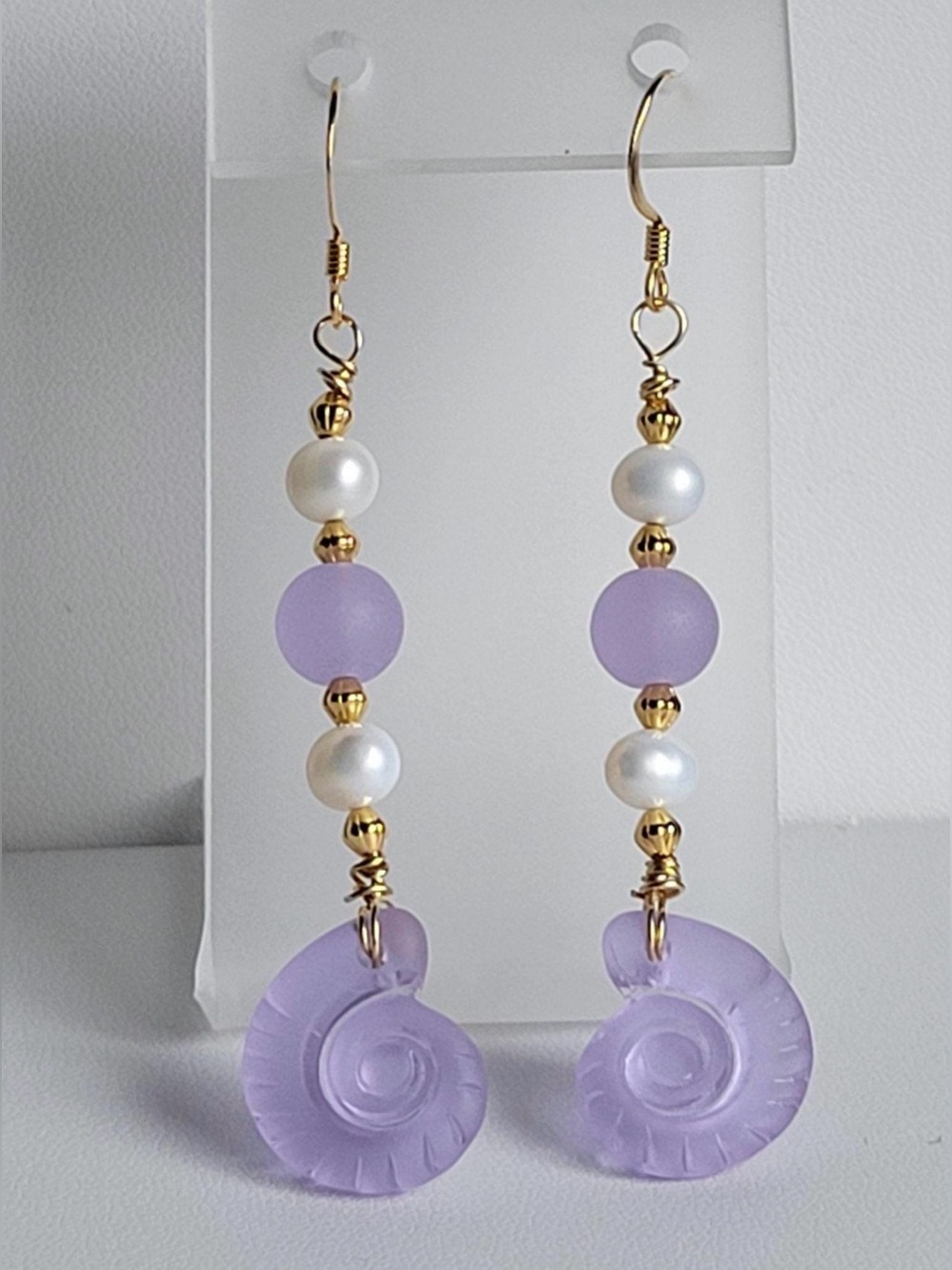 Gold & Lavender Seashell Pearl Drop Earrings